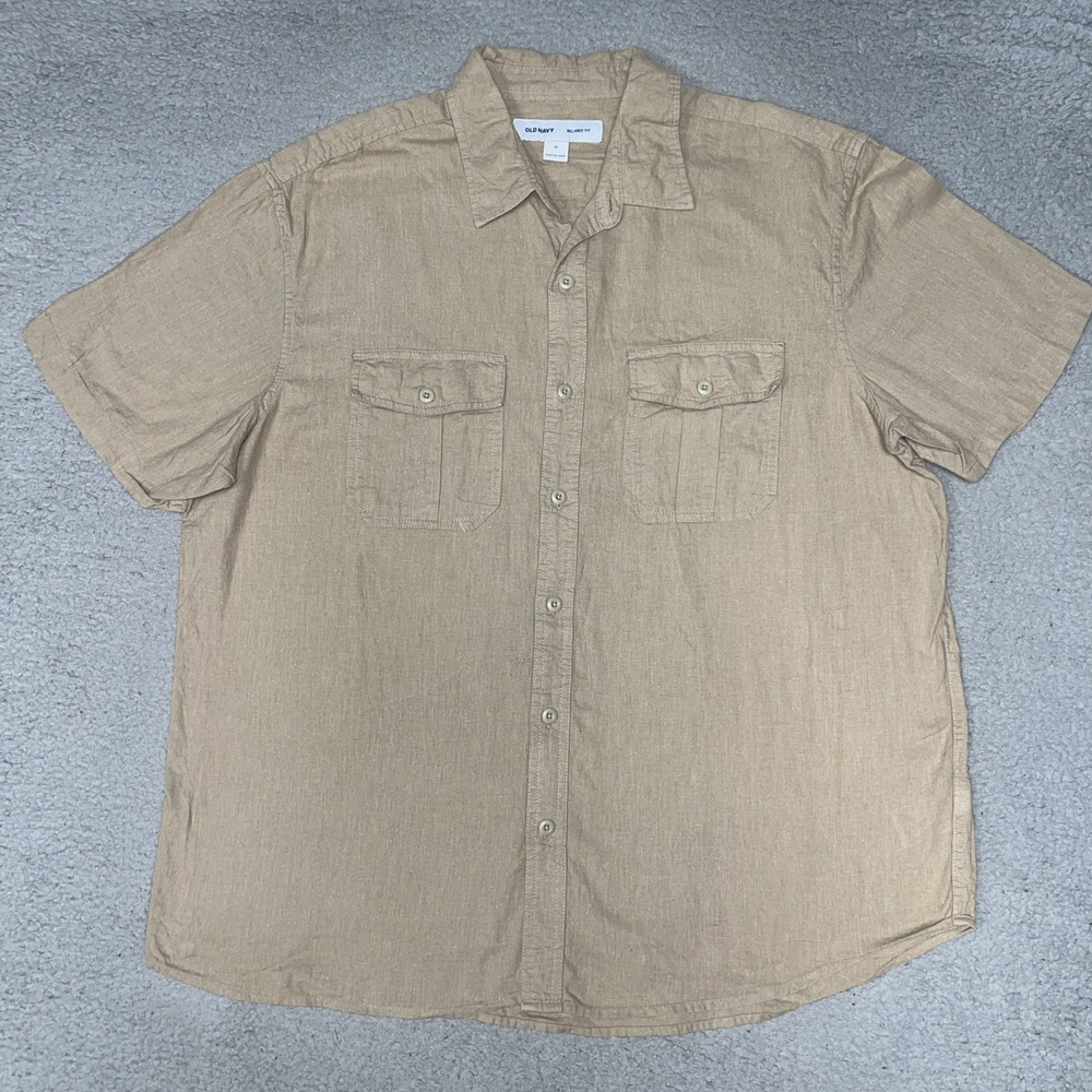 Old Navy Shirt Men's Sz XL Khaki Linen Blend Short Sleeve Cargo Pocket Button Up